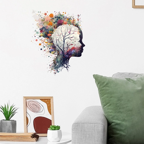 Adesivo da Parete Silhouette Albero Cervello Umano Astratto Arte Splatter Colorata Creativa PVC Decalcomania Autoadesiva Impermeabile
