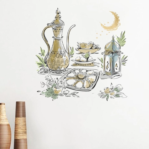 Vinilos Decorativos de Ramadán Cafetera Árabe Luna Creciente PVC Removible Linterna de Eid Decoración para Sala de Estar