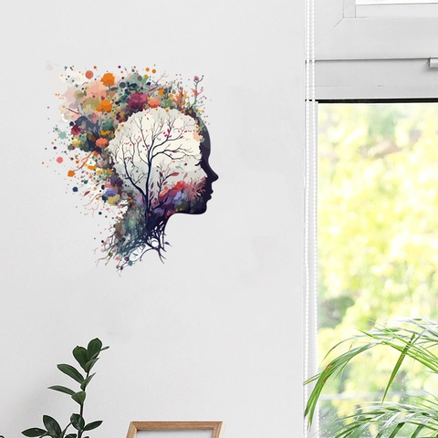 Adesivo da Parete Silhouette Albero Cervello Umano Astratto Arte Splatter Colorata Creativa PVC Decalcomania Autoadesiva Impermeabile