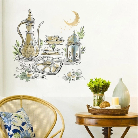 Vinilos Decorativos de Ramadán Cafetera Árabe Luna Creciente PVC Removible Linterna de Eid Decoración para Sala de Estar