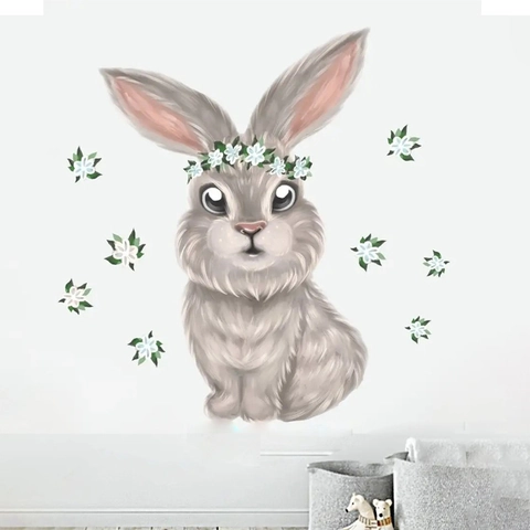 Easter Rabbit Wreath Wall Stickers PVC Cartoon Bunny Floral DIY Decals For Kids Room Nursery Bedroom Living Room Home Decoration