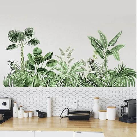Modern Tropical Green Plant Wall Stickers Removable PVC Palm Banana Leaves Decals For Living Room Bedroom Home Decor