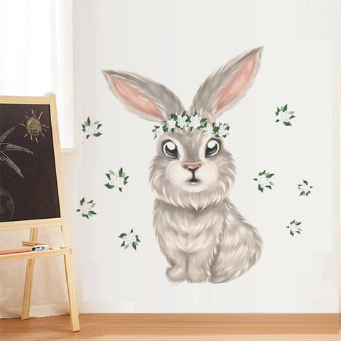 Easter Rabbit Wreath Wall Stickers PVC Cartoon Bunny Floral DIY Decals For Kids Room Nursery Bedroom Living Room Home Decoration