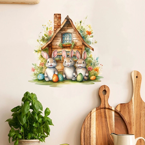 Ostern Hase Haus Cartoon Wandsticker Abnehmbar Wasserdicht PVC Aquarell Kaninchen Ei Floral Home Dekor Wandbild Aufkleber
