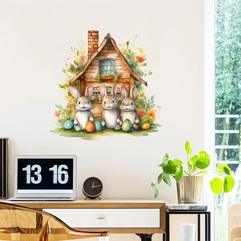 Ostern Hase Haus Cartoon Wandsticker Abnehmbar Wasserdicht PVC Aquarell Kaninchen Ei Floral Home Dekor Wandbild Aufkleber