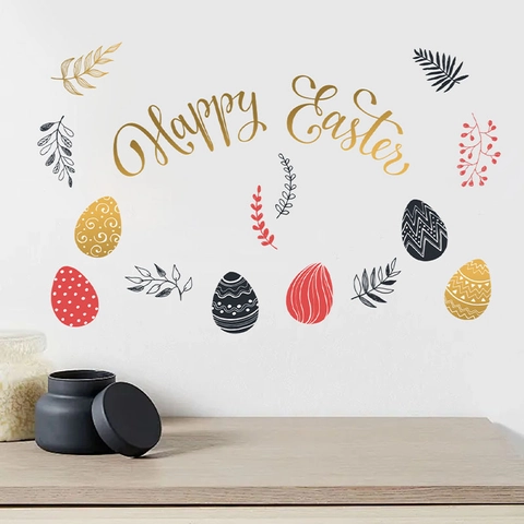 Happy Easter Adesivi Murali in PVC Removibili Uova di Pasqua Foglie Decalcomanie da Muro per Soggiorno Camera da Letto Decorazione