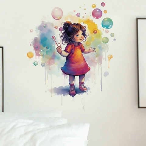 Vinilo Decorativo Niña Dibujos Animados Burbujas Acuarela PVC Autoadhesivo Arte Decoración para Habitación de Niños Dormitorio