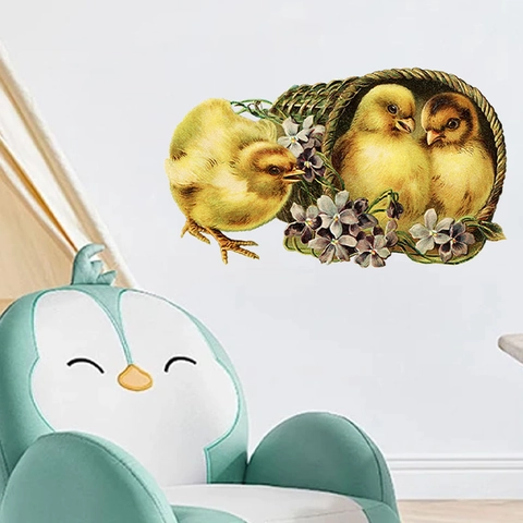 Cute Chickens Flower Basket Wall Sticker PVC Removable Cartoon Animal Wall Decal For Kids Room Nursery Bedroom Home Decor
