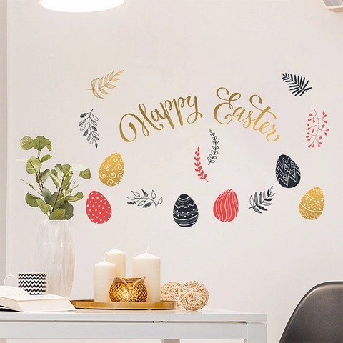 Happy Easter Adesivi Murali in PVC Removibili Uova di Pasqua Foglie Decalcomanie da Muro per Soggiorno Camera da Letto Decorazione