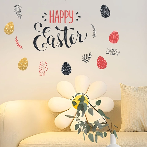 Frohe Ostern PVC Wandaufkleber Abnehmbar Bunte Eier Blätter Muster Selbstklebend Wandbild Für Wohnzimmer Schlafzimmer Deko