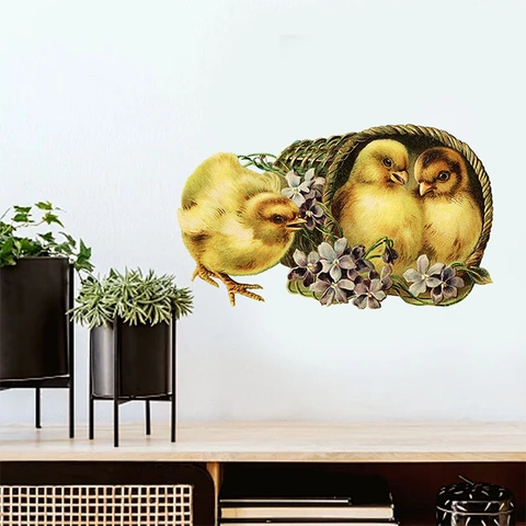 Cute Chickens Flower Basket Wall Sticker PVC Removable Cartoon Animal Wall Decal For Kids Room Nursery Bedroom Home Decor
