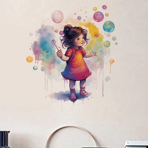 Vinilo Decorativo Niña Dibujos Animados Burbujas Acuarela PVC Autoadhesivo Arte Decoración para Habitación de Niños Dormitorio