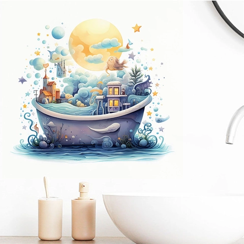 Fantasy Cartoon Castle Boat Moon Stars Clouds Wall Sticker PVC Self Adhesive Removable Decal For Living Room Bedroom Decor