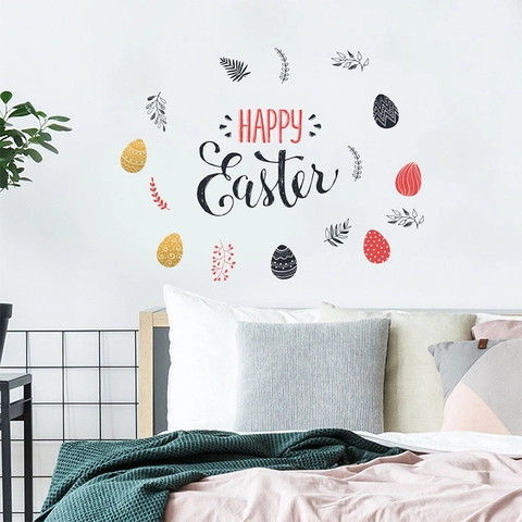 Frohe Ostern PVC Wandaufkleber Abnehmbar Bunte Eier Blätter Muster Selbstklebend Wandbild Für Wohnzimmer Schlafzimmer Deko