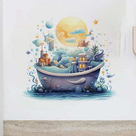 Fantasy Cartoon Castle Boat Moon Stars Clouds Wall Sticker PVC Self Adhesive Removable Decal For Living Room Bedroom Decor