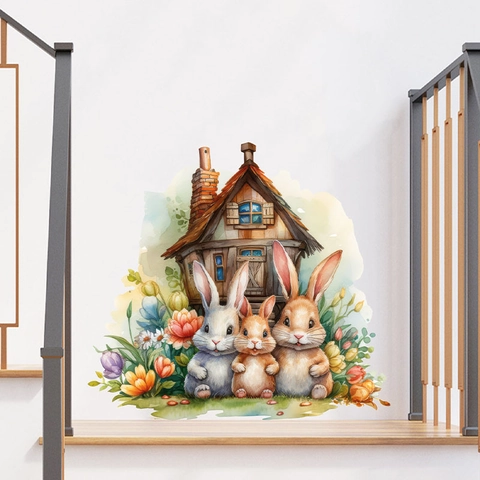 Autocollant Mural Lapin et Maison Aquarelle Amovible Auto-adhésif en PVC pour Décoration de Chambre d'Enfant et Salon