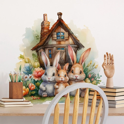 Autocollant Mural Lapin et Maison Aquarelle Amovible Auto-adhésif en PVC pour Décoration de Chambre d'Enfant et Salon