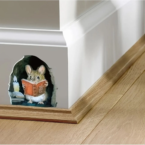 3D Mouse Hole Wall Sticker Cartoon Reading Mouse In Hole Decal Removable Self Adhesive PVC Mural For Bedroom Living Room Home Decor