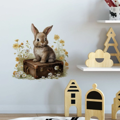 Pegatina de Pared de Conejo de Pascua En Maleta PVC Autoadhesiva Flor de Margarita Calcomanía Para Habitación Niños Sala de Estar