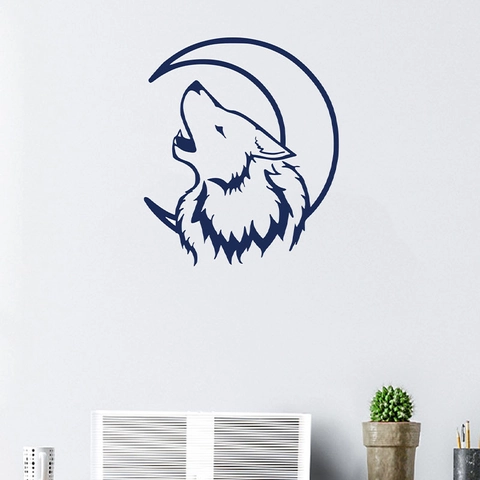 Modern Minimalist Wolf Howling At Moon Wall Sticker Removable PVC Cartoon Animal Decal For Living Room Bedroom Office Decor