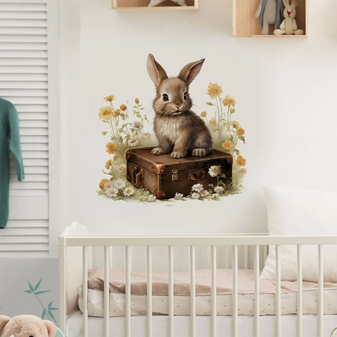 Pegatina de Pared de Conejo de Pascua En Maleta PVC Autoadhesiva Flor de Margarita Calcomanía Para Habitación Niños Sala de Estar