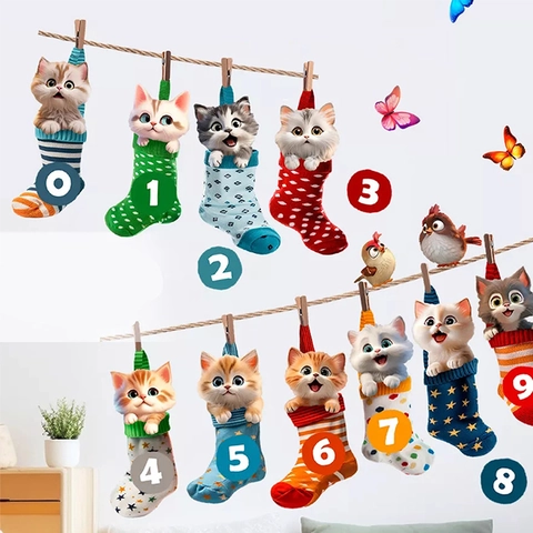 Adesivi Murali con Gatti in Calzini Appesi PVC Autoadesivi Numeri Animali Carini Decalcomanie per Soggiorno Camera da Letto