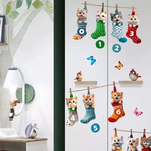 Adesivi Murali con Gatti in Calzini Appesi PVC Autoadesivi Numeri Animali Carini Decalcomanie per Soggiorno Camera da Letto