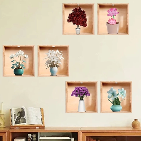 Adesivi da Parete Vaso Fiori 3D Stereoscopici in PVC Decalcomanie Rimovibili per Soggiorno Camera Letto Ingresso Decorazione Casa