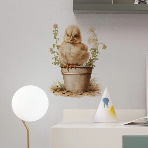 Cute Yellow Chick In Flower Pot Wall Sticker Removable PVC Decal For Kids Room Living Room Bedroom Home Decoration Mural
