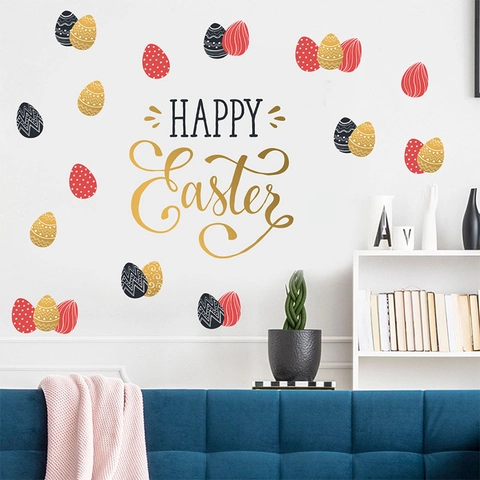 Pegatinas de Pared de Feliz Pascua Huevos Coloridos Patrón Geométrico PVC Autoadhesivo Calcomanía Para Sala Dormitorio Decoración