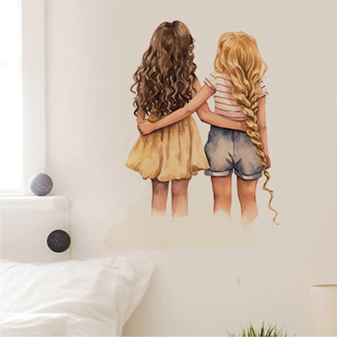 Pegatina de Pared Chicas Dibujos Animados Acuarela PVC Autoadhesiva Amistad Arte Mural Decoración para Habitación Niños Dormitorio Hogar