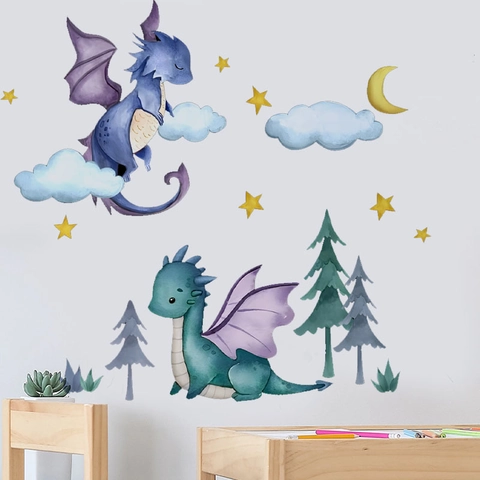 Pegatinas de Pared de Dinosaurio Nube Estrella Animados para Habitación Niños PVC Estilo Acuarela Autoadhesivo Decoración Hogar Mural