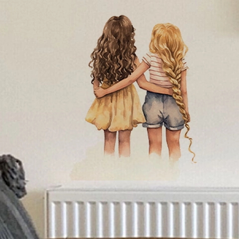 Pegatina de Pared Chicas Dibujos Animados Acuarela PVC Autoadhesiva Amistad Arte Mural Decoración para Habitación Niños Dormitorio Hogar
