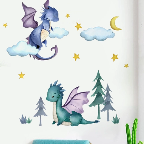 Pegatinas de Pared de Dinosaurio Nube Estrella Animados para Habitación Niños PVC Estilo Acuarela Autoadhesivo Decoración Hogar Mural