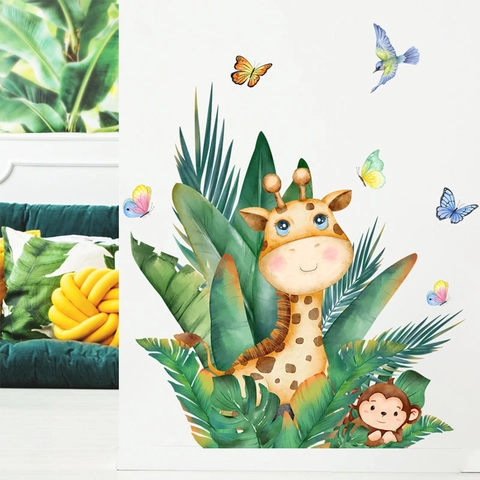 Pegatina de Pared Dibujos Animados Jirafa Mono Hojas Tropicales PVC Removible Acuarela Animal Bosque Decoración Infantil