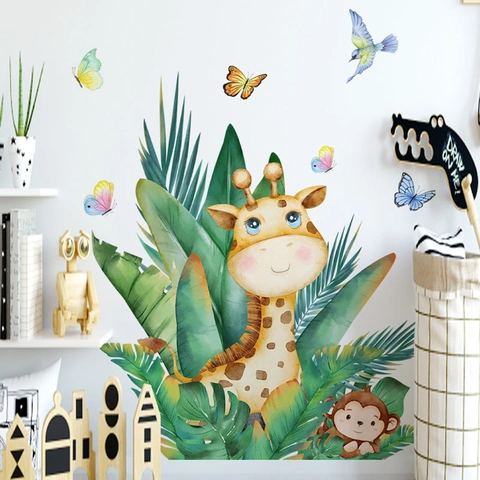 Pegatina de Pared Dibujos Animados Jirafa Mono Hojas Tropicales PVC Removible Acuarela Animal Bosque Decoración Infantil