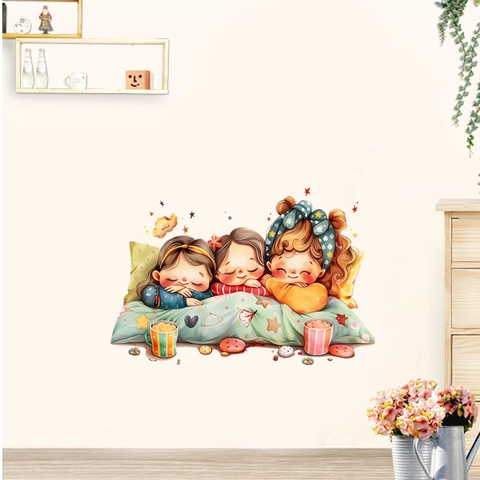 Adesivo da Parete Cartone Animato Tre Sorelle Che Dormono Decalcomania in PVC Rimovibile per Camera dei Bambini Decorazione Estetica
