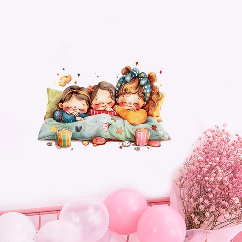 Adesivo da Parete Cartone Animato Tre Sorelle Che Dormono Decalcomania in PVC Rimovibile per Camera dei Bambini Decorazione Estetica