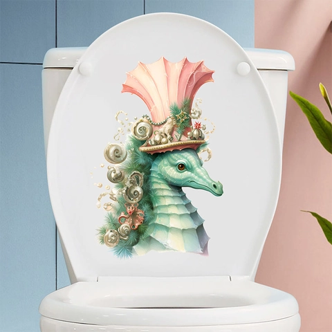 Cartoon Seepferdchen Toilettenaufkleber Fantasie Meeresleben PVC Wasserdicht Wandtattoo Für Badezimmer Home Dekoration