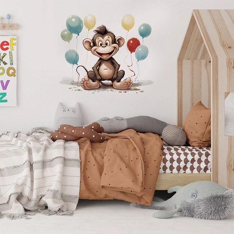Cartoon Monkey Flying Balloon Wall Sticker PVC Self Adhesive Removable Decal For Kids Nursery Room Bedroom Home Decoration