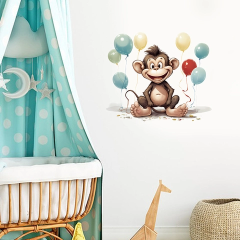 Cartoon Monkey Flying Balloon Wall Sticker PVC Self Adhesive Removable Decal For Kids Nursery Room Bedroom Home Decoration