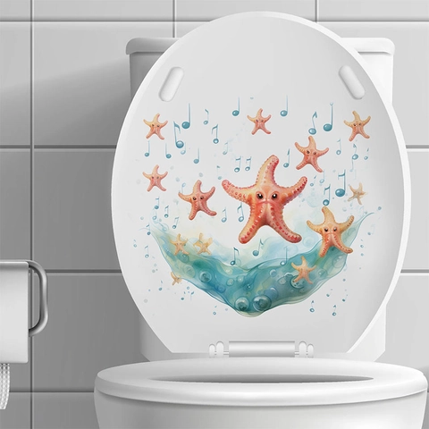 Cartoon Ozean Seestern Toilettenaufkleber Mit Musiknoten Und Wellen Wasserdichte PVC Aufkleber Für Badezimmer Dekoration
