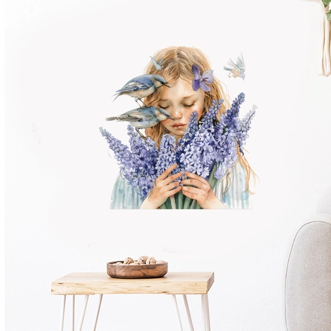 Adesivo da Parete Ragazza Cartone Animato Acquerello Con Fiori di Lavanda Uccelli PVC Removibile Arte Murale per Soggiorno Camera da Letto Casa