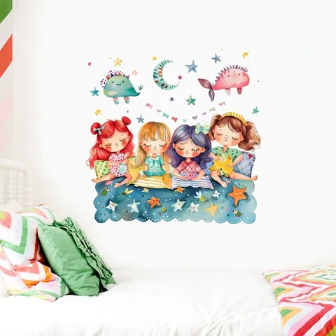 Cartoon Cute Girl Stars Moon Wall Sticker PVC Removable Self-Adhesive Watercolor Wall Decal For Kids Room Living Room Decor