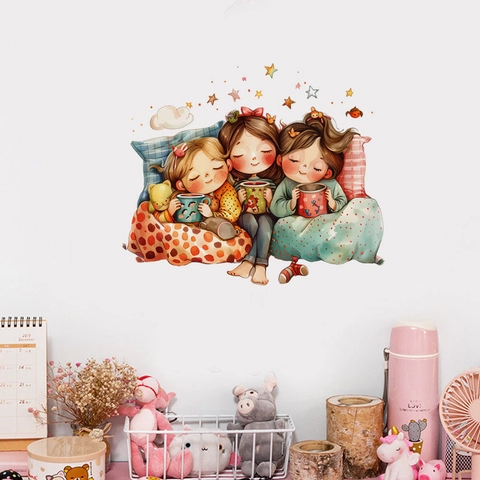 Cartoon Drei Schwestern Ruhen Wandaufkleber PVC Abnehmbar Handgezeichnete Illustration Kunstaufkleber Für Kinderzimmer Schlafzimmer