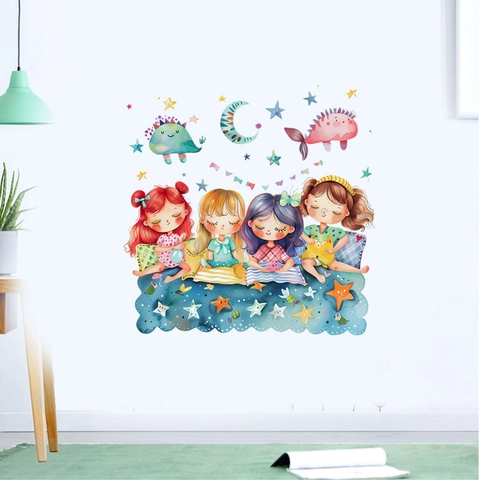 Cartoon Cute Girl Stars Moon Wall Sticker PVC Removable Self-Adhesive Watercolor Wall Decal For Kids Room Living Room Decor