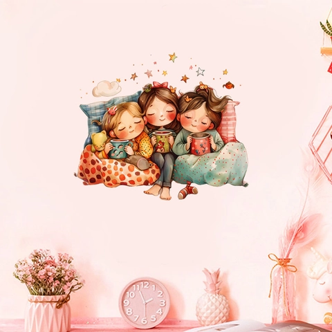 Cartoon Drei Schwestern Ruhen Wandaufkleber PVC Abnehmbar Handgezeichnete Illustration Kunstaufkleber Für Kinderzimmer Schlafzimmer