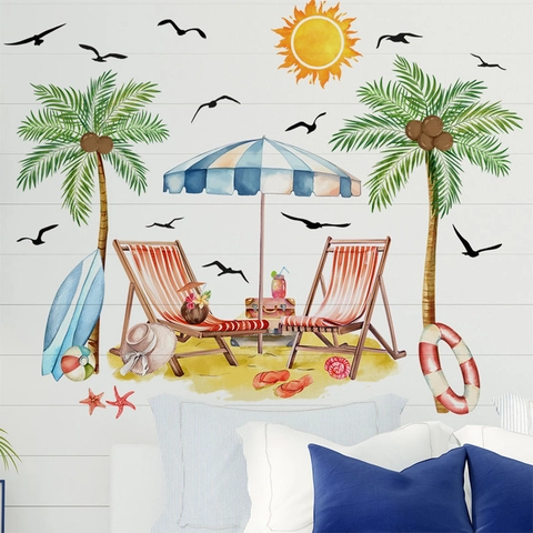 Pegatinas de Pared de Playa de Verano Acuarela PVC Cocotero Tropical Sol Sombrilla Calcomanías para Sala de Estar Hogar