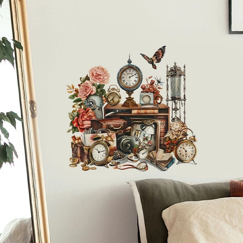 Vintage Clock Flower Butterfly Wall Sticker Retro Steampunk PVC Self Adhesive Decorative Decal For Living Room Home Decor