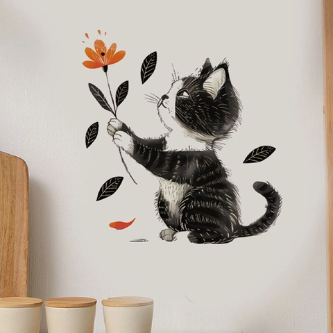 Cartoon Zwarte Kat Met Oranje Bloem Muursticker PVC Verwijderbaar Zelfklevend Voor Woonkamer Slaapkamer Huis Decoratie